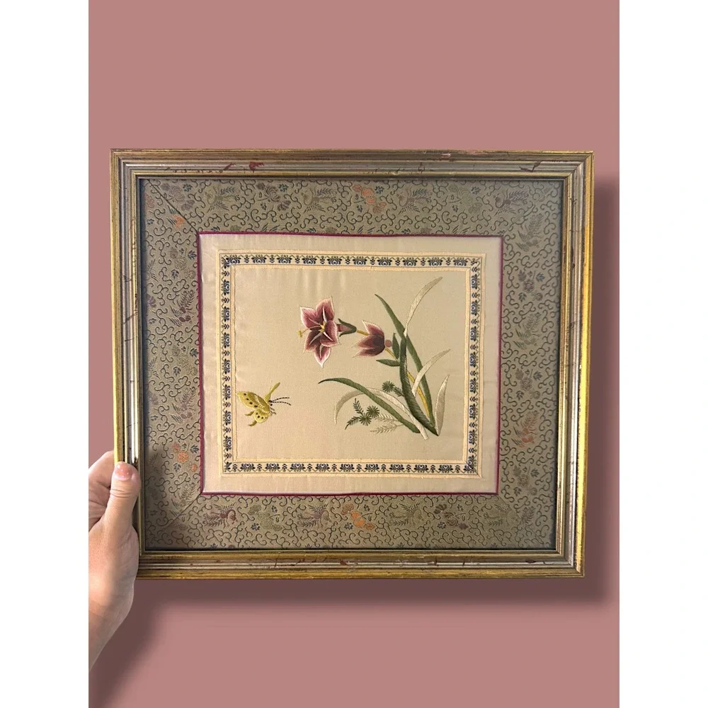 Vintage Framed Silk Embroidery Floral Butterfly Chinoiserie Wall Art 13x12